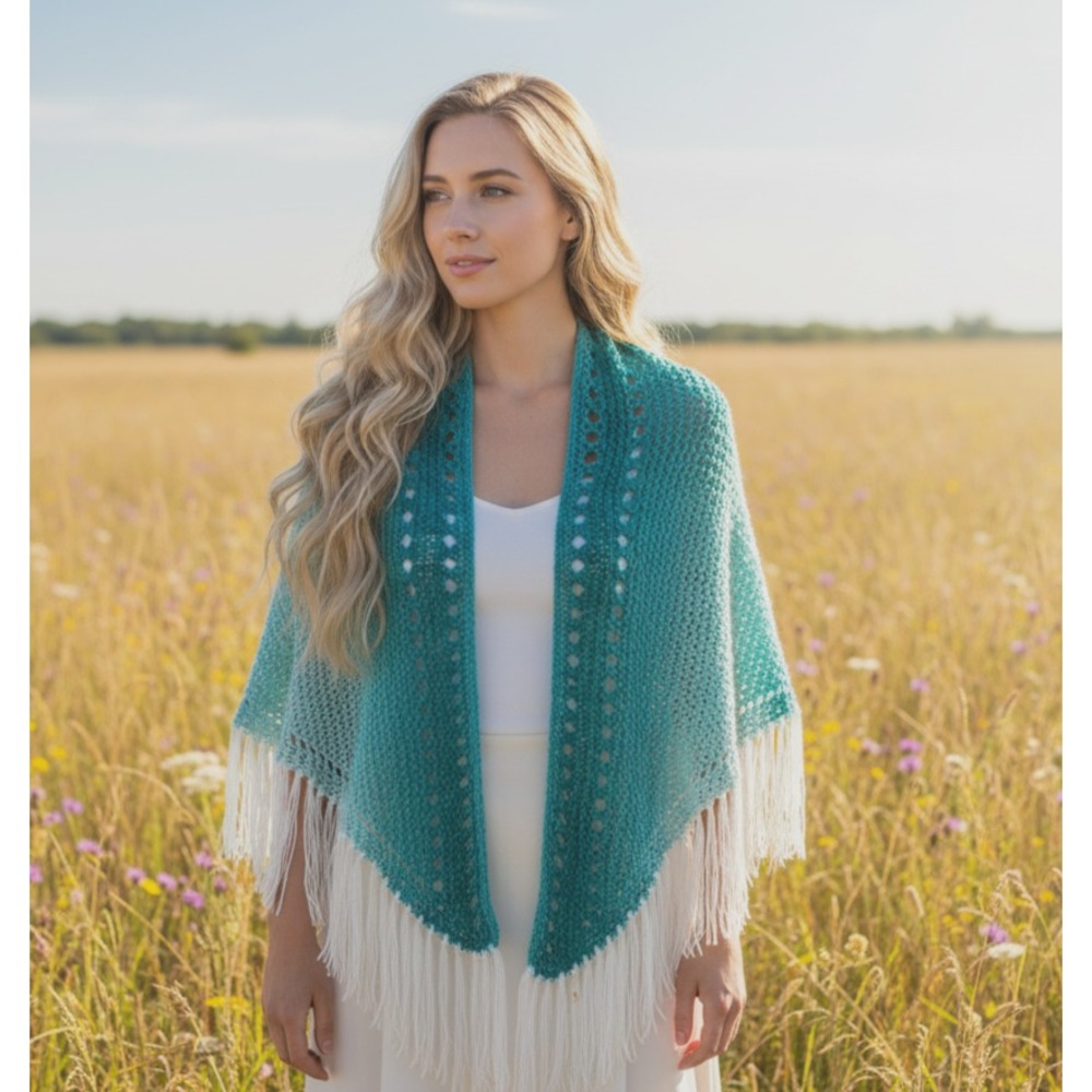NEW Green Ombre Hand Knitted Shawl Wrap Scarf Boho Coastal Fairy Whimsy‎ Artsy
